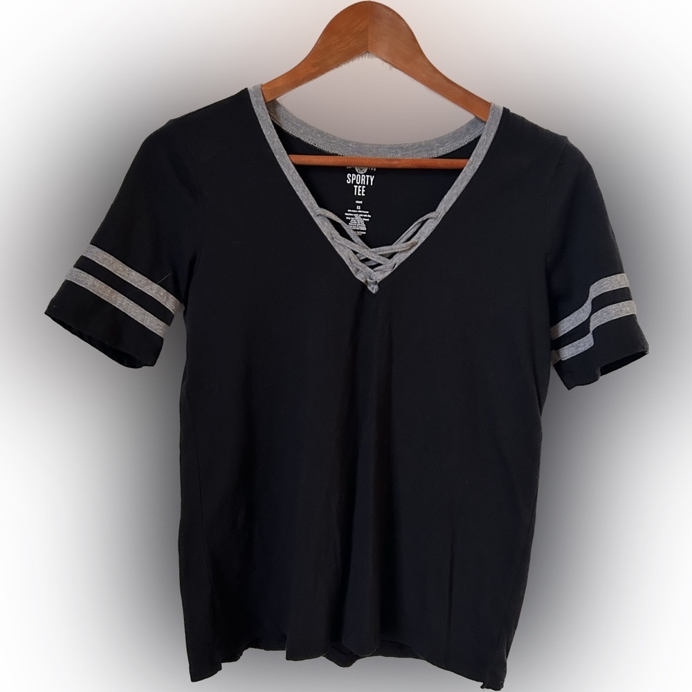 Juniors SO Black/Grey striped short sleeve tee with lace-up detail -XS